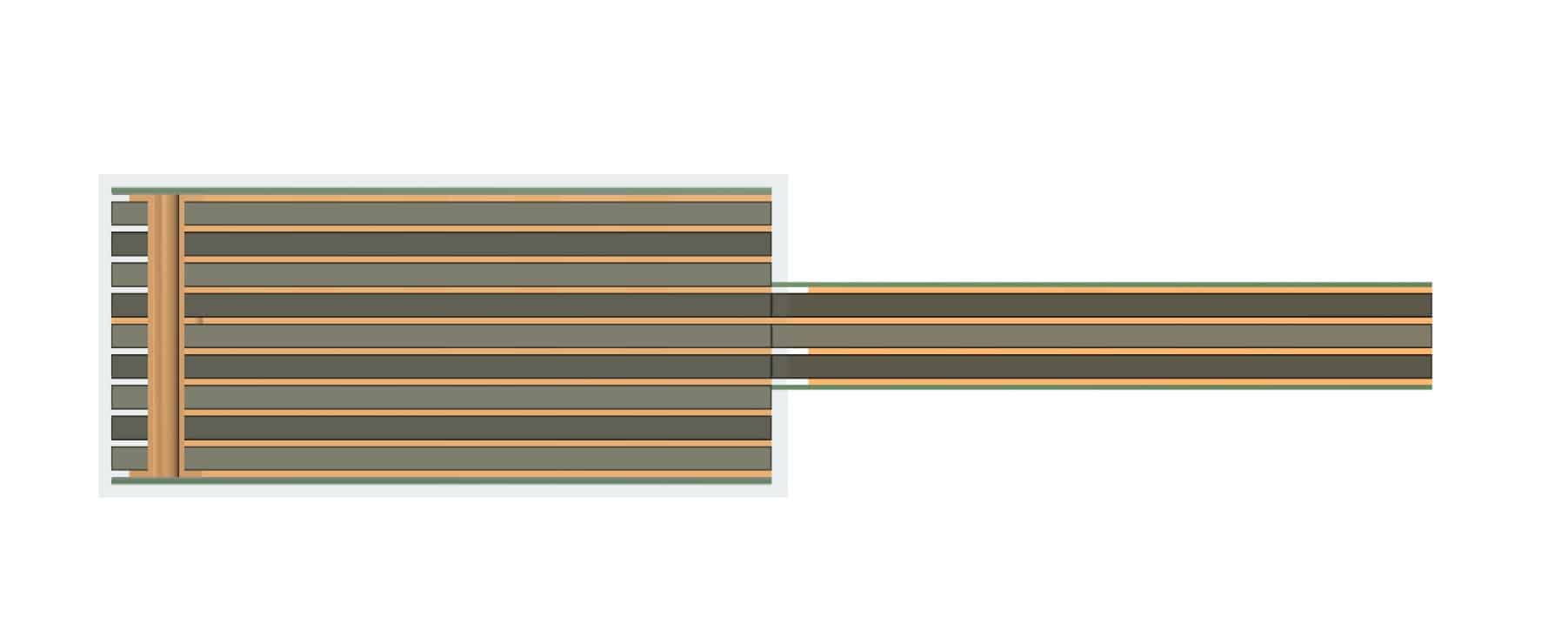 Schematic of a flex-rigid printed circuit board showing rigid and flexible sections with copper traces.