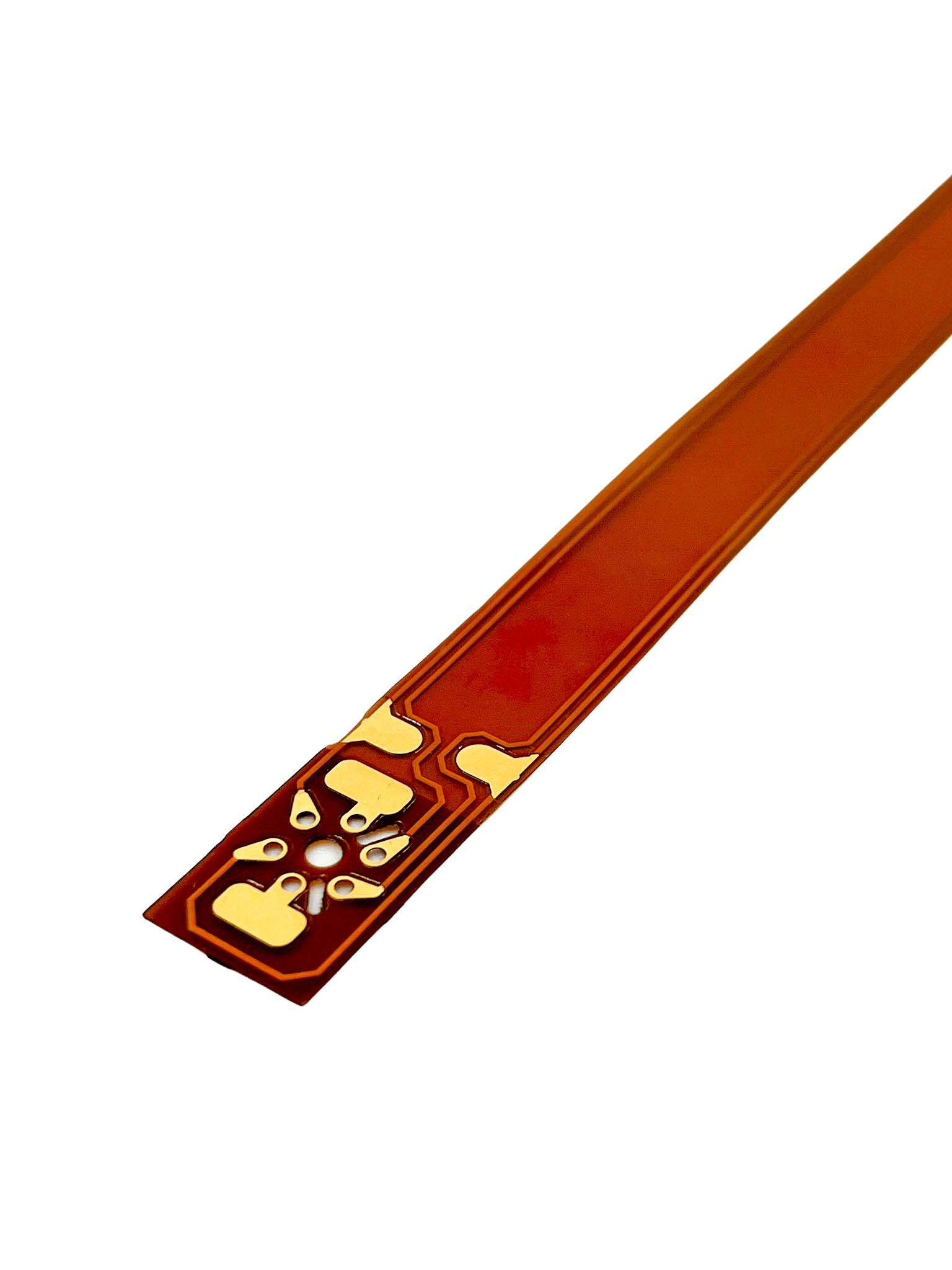 A flexible orange circuit board with gold and white traces on a black background.