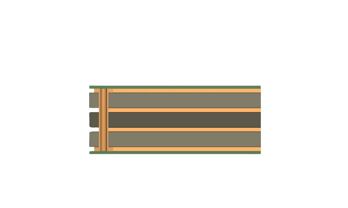 Side view diagram of a multi-layer printed circuit board (PCB) showing internal layers and vias.