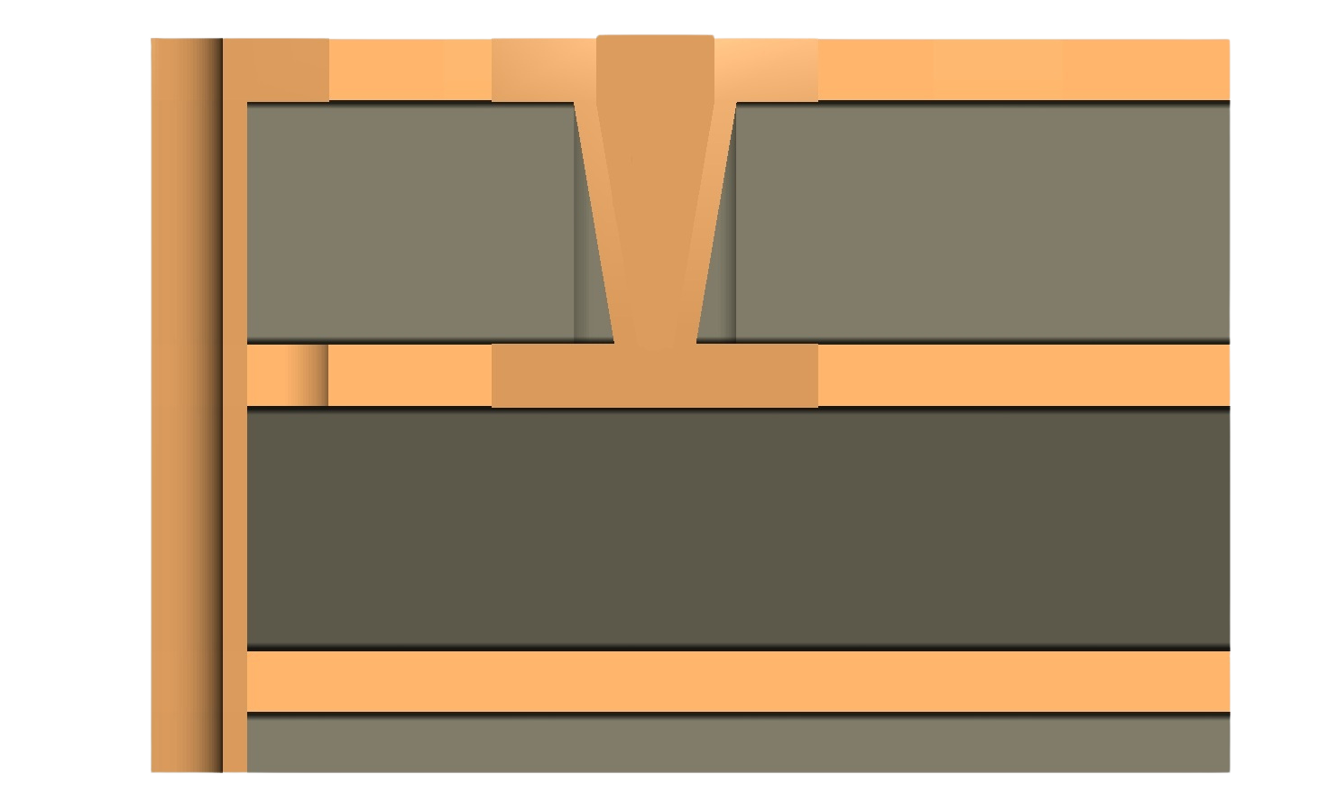 Cross-section diagram showing copper fill and via in a layered electronic structure.