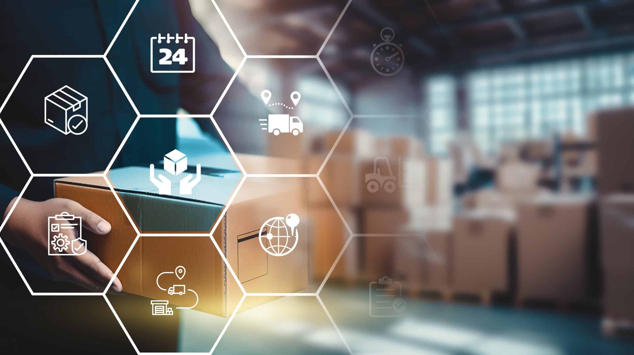 Person holding a package with delivery and logistics icons, warehouse boxes in background.