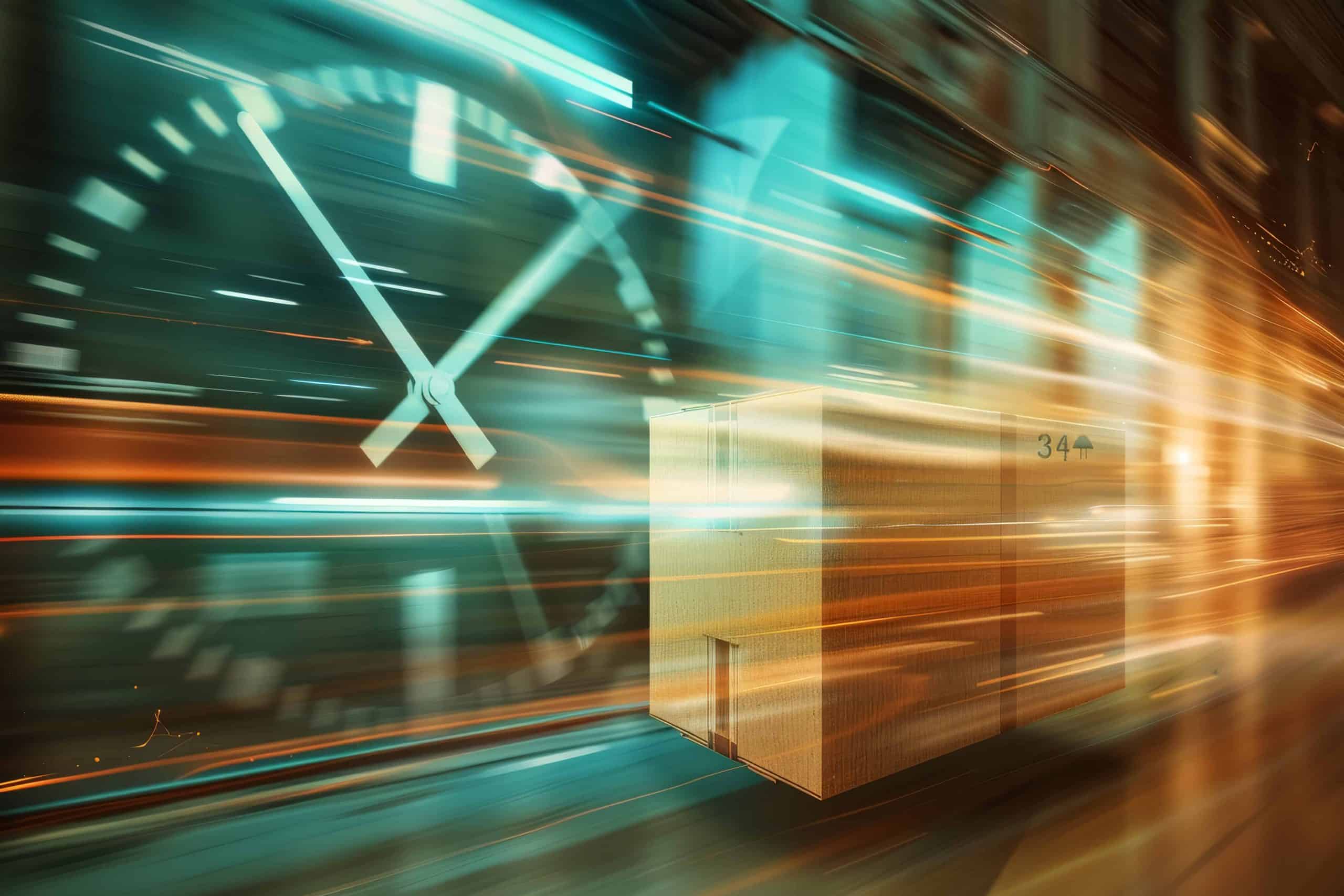 A cardboard box in motion with a large clock in the background, symbolizing fast delivery times.