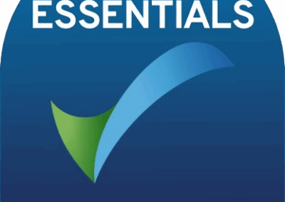 Cyber Essentials Certified badge with a blue and green checkmark on a dark blue background.